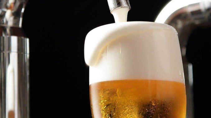 Japanese draft beer dispenser pouring lager with a creamy foam head